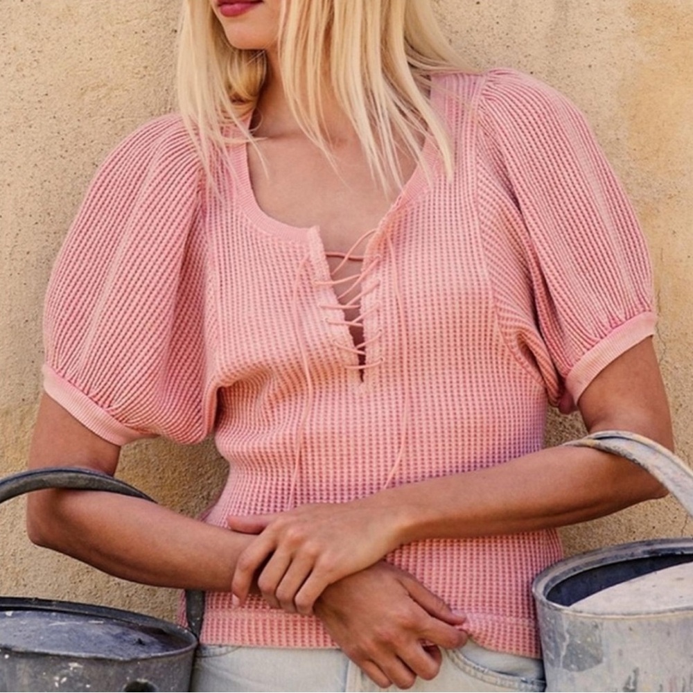 Free People Pink Waffle Knit Lace-Up Blouse S